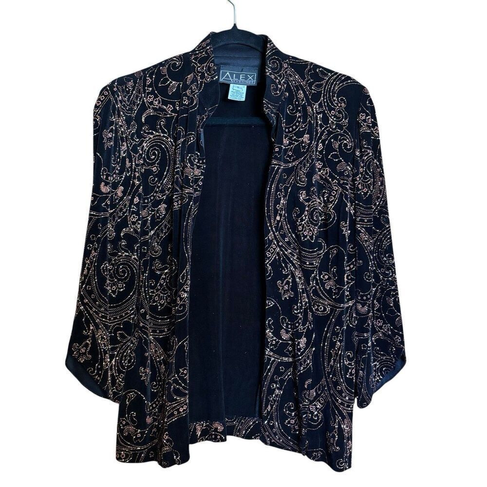 Alex Evenings Cardigan Sweater Womens Small Black Gold Embellished Sparkle
